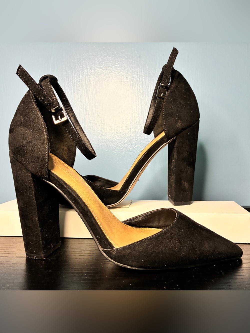 ASOS Black Suede Pointed-Toe Ankle-Strap Block Heels